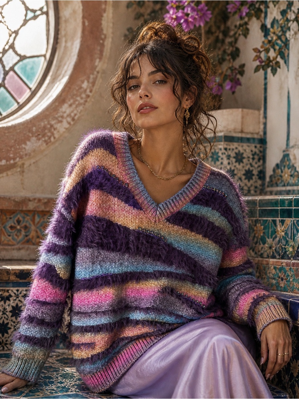 V-Neck Multicolor Fuzzy Stripe Sweater